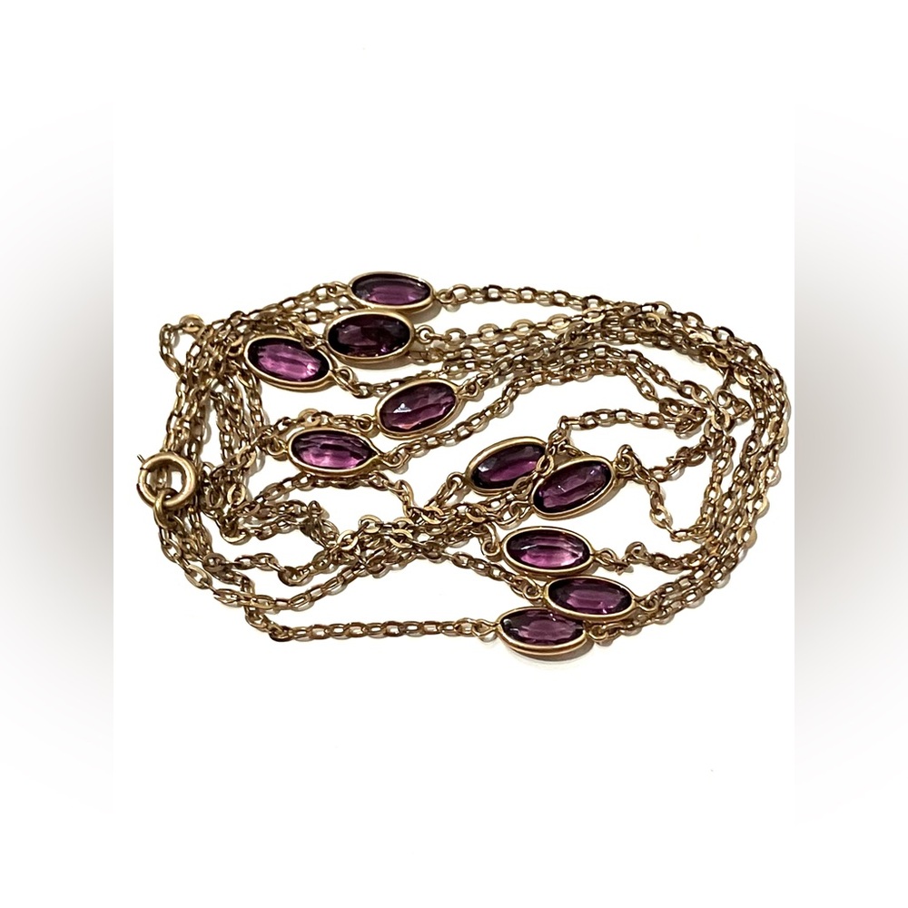 Antique Gold Filled Amethyst Glass Long Chain Necklace 44”